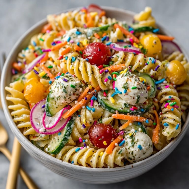 Vibrant, chilled Chaos-Style Funfetti Birthday Pasta Salad, with confetti sprinkles, ready for serving at a party.
