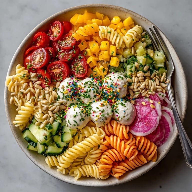 Enjoy a delicious bowl of Chaos-Style Funfetti Birthday Pasta Salad: colorful, creamy, and filled with fun textures.