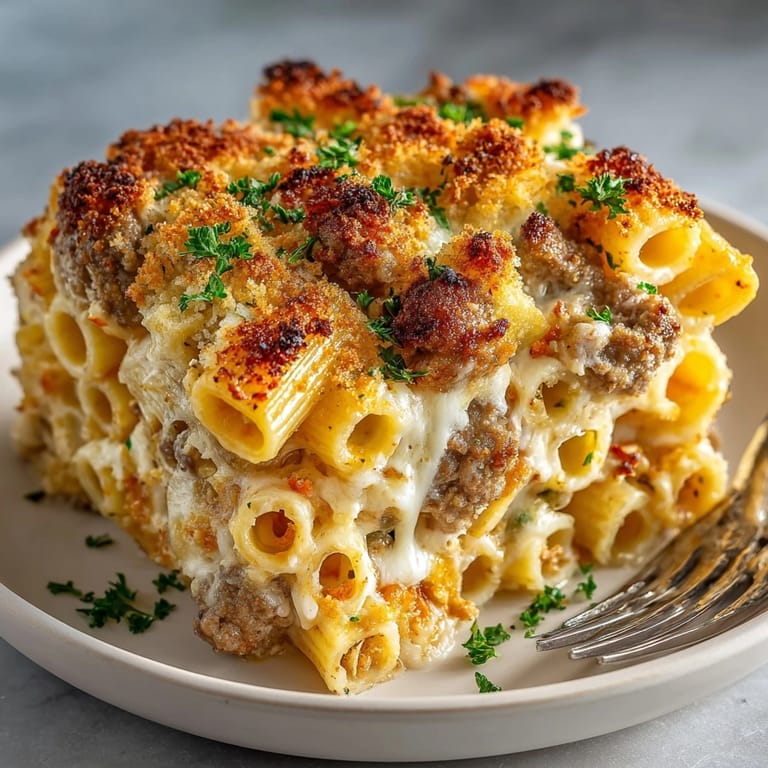 Hearty, homemade Thanksgiving Stuffing-Inspired Pasta Bake; a comforting casserole with browned breadcrumb topping.