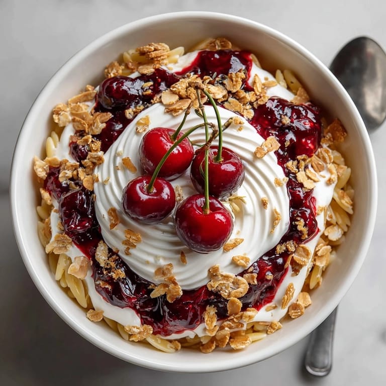 Warm Cherry Pie Breakfast Pasta Bowl with creamy yogurt, a fun and flavorful American breakfast.