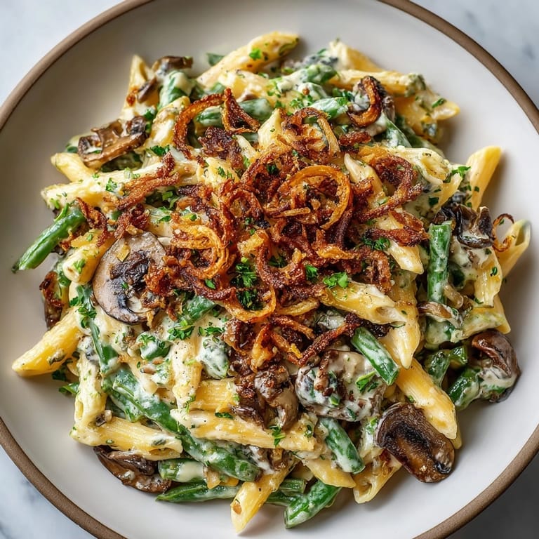 Imagine a close-up of Thanksgiving Green Bean Casserole Pasta with a golden, crispy onion topping.