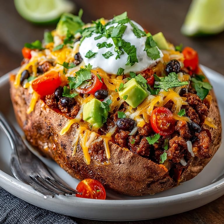 A vibrant image shows a steaming Taco Stuffed Sweet Potato, each half overflowing with delicious fillings.