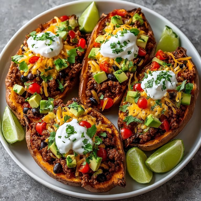Delicious and colorful Taco Stuffed Sweet Potatoes: a gluten-free Mexican-inspired meal, ready to be enjoyed.