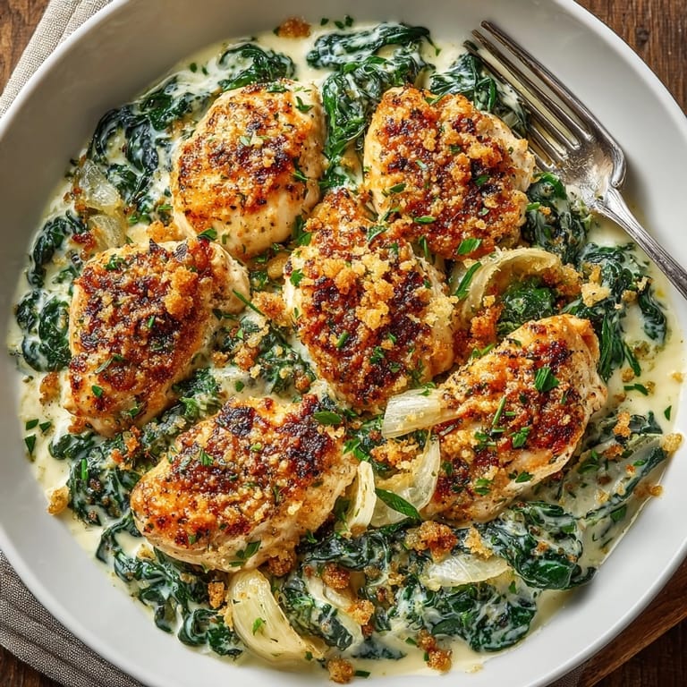 Golden, bubbly baked Creamy Spinach and Chicken Bake, a hearty and comforting American main course.
