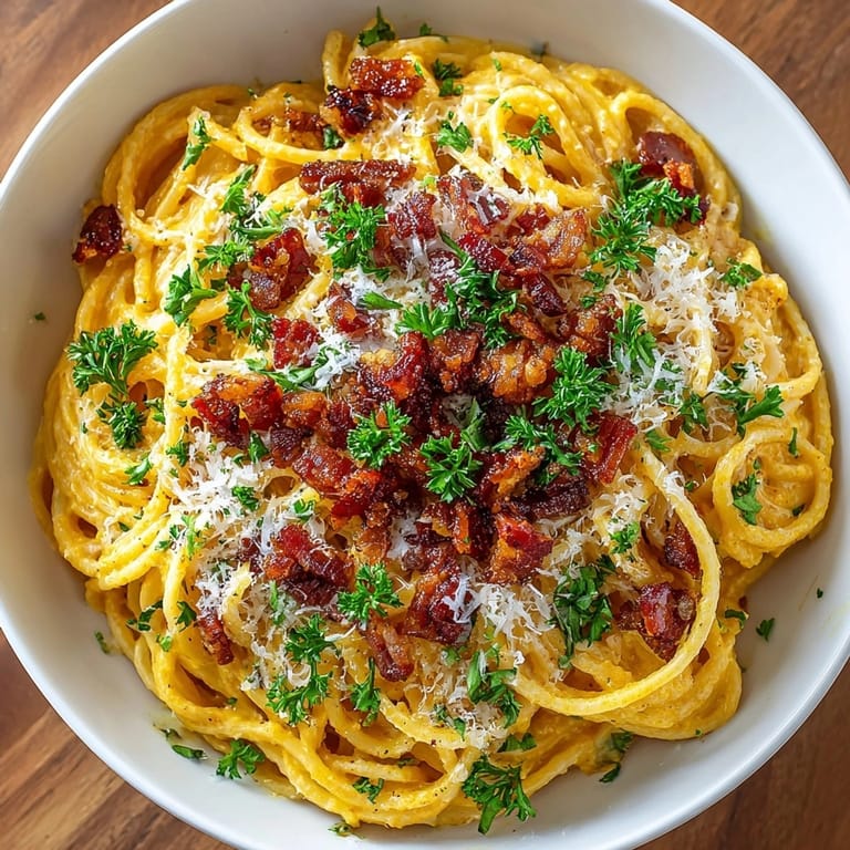A comforting bowl of pumpkin spice carbonara ready to be devoured, with a crunchy bacon topping and fresh parsley.
