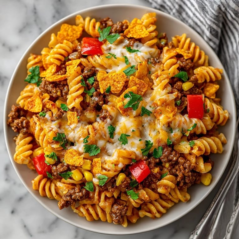 A close-up of a Taco Pasta Skillet shows hearty ground beef, pasta, and a crunchy, cheesy Doritos topping.