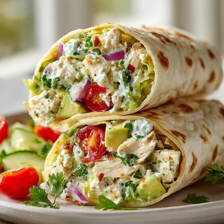 Plated Avocado Chicken Salad Wraps with bright cherry tomatoes and crisp romaine, ready for lunch.
