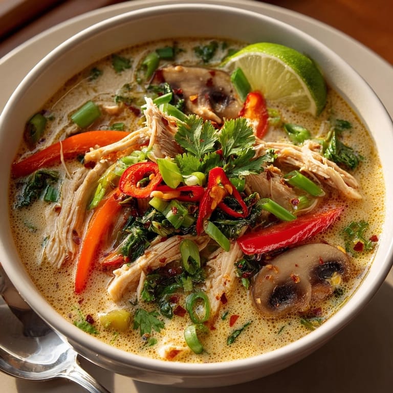 Creamy Thai Curry Coconut Soup served hot with lime wedges and colorful bell peppers in a white bowl.