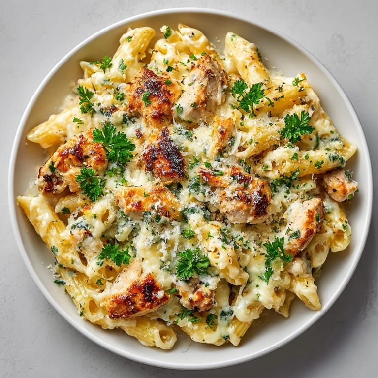 Close-up of creamy chicken Alfredo pasta bake topped with mozzarella and fresh parsley garnish.