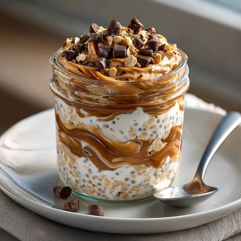 Chilled Peanut Butter Chocolate Chip Overnight Oats with visible layers, ready for a nutritious breakfast.