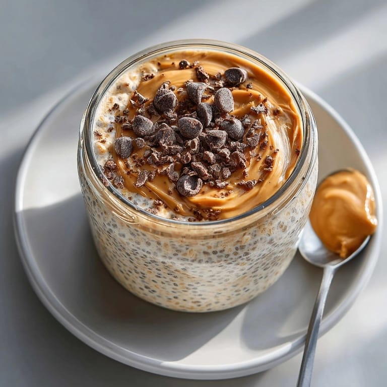 Hearty Peanut Butter Chocolate Chip Overnight Oats served cold, garnished with extra chocolate chips and peanut butter drizzle.