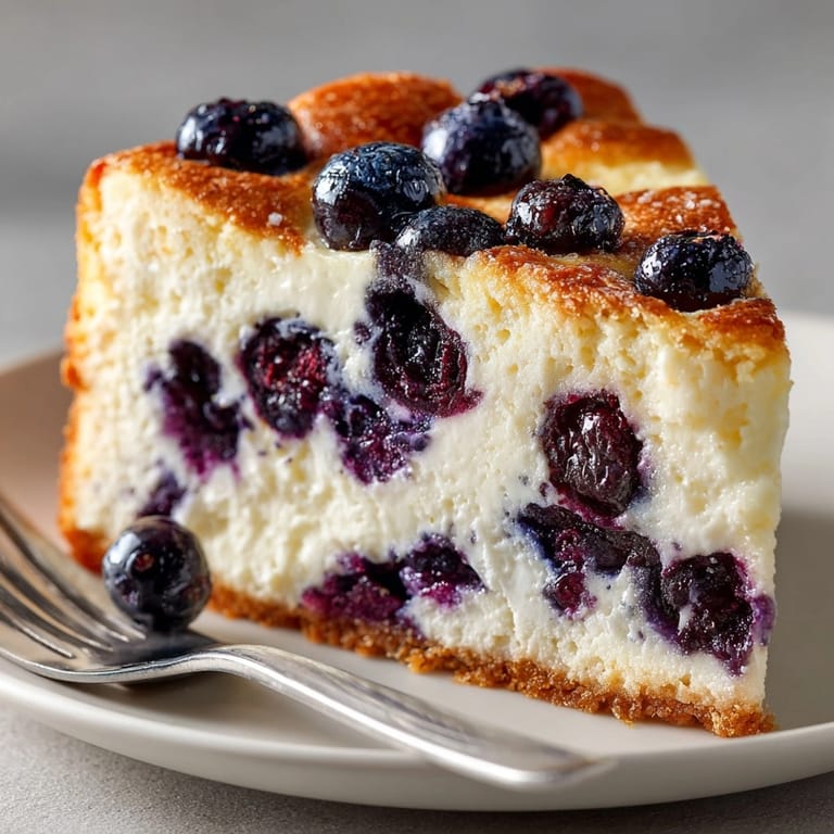 Golden Ricotta Blueberry Breakfast Cake with plump berries, served fresh on a rustic platter.