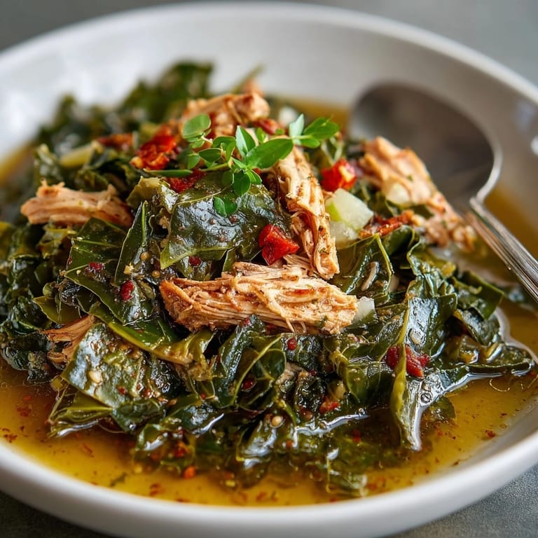 Southern comfort: Slow-cooked Collard Greens with Smoked Turkey, a flavorful one-pot meal.