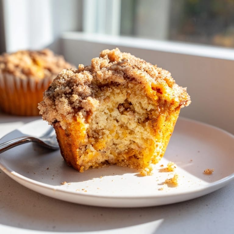 Warm, homemade Pumpkin Coffee Cake Muffins, topped with a sweet crumble, spiced perfectly.