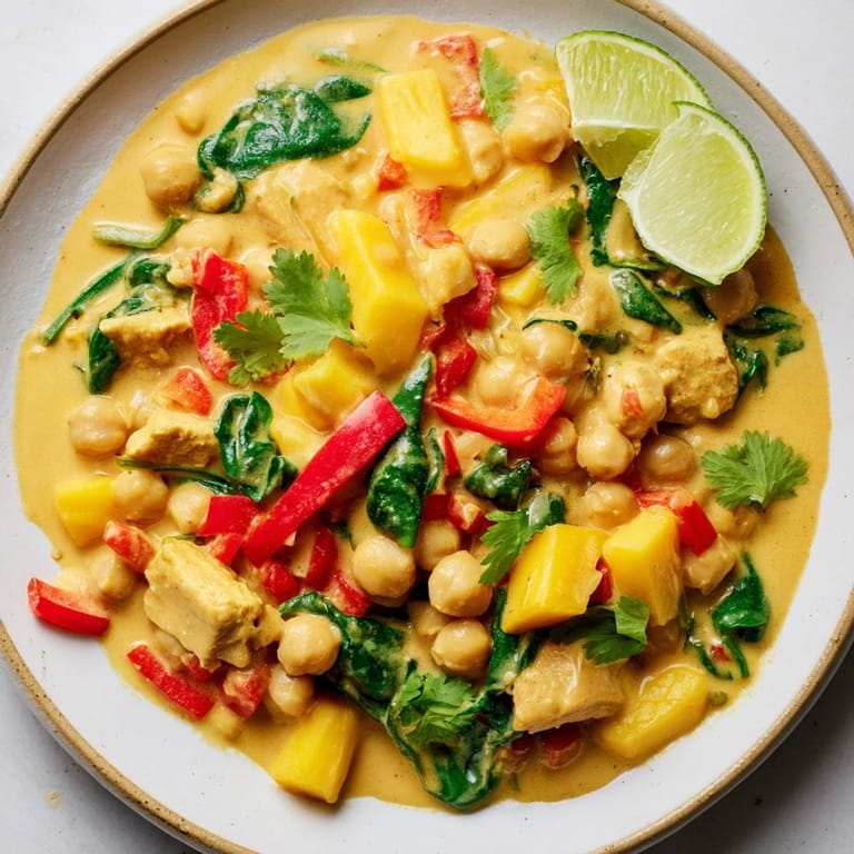 Golden, savory Mango Curry Chickpea Skillet plated with cilantro garnish, inviting a flavorful bite.