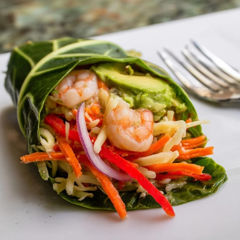 Savory Shrimp and Cheddar Collard Green Wraps filling, bright vegetables, quick and easy dinner.
