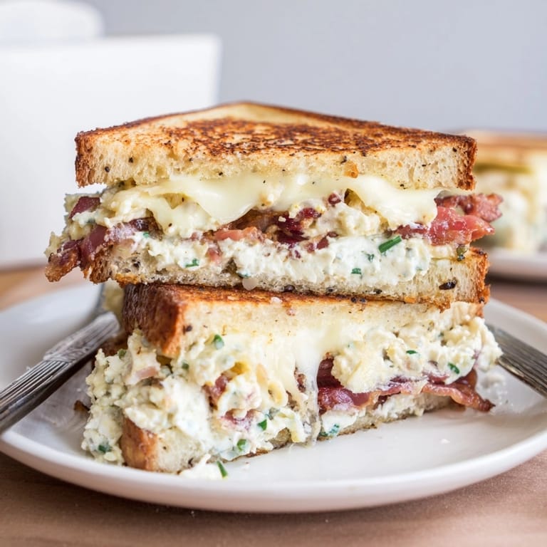 Close-up of a delicious Ricotta Bacon Breakfast Grilled Cheese—a melty, decadent morning sandwich.