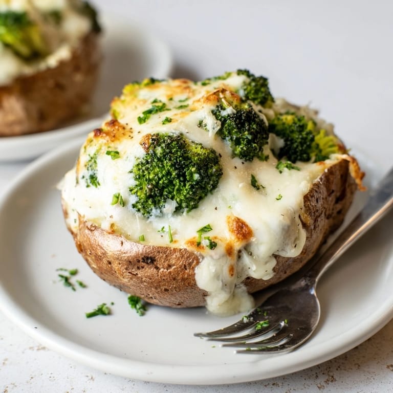 Warm, comforting Alfredo Broccoli Stuffed Potato Skins, showcasing melted mozzarella and tender broccoli florets.