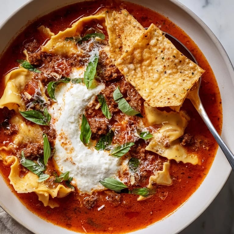 Savory Lasagne Soup topped with golden Parmesan chips for added crunch and texture.