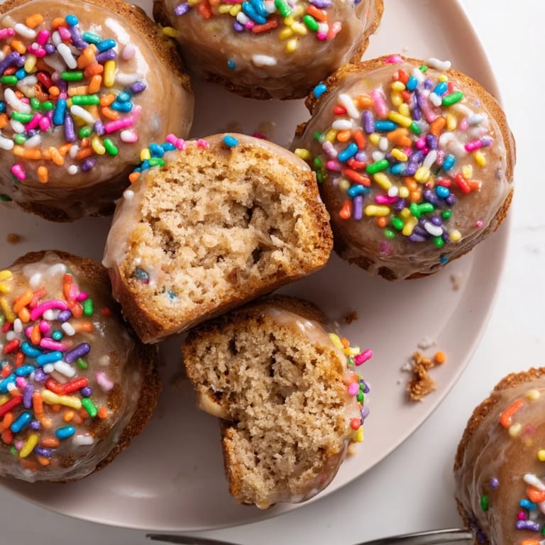 Deliciously glazed Funfetti Java Muffin Donuts bursting with rainbow sprinkles and coffee flavor.