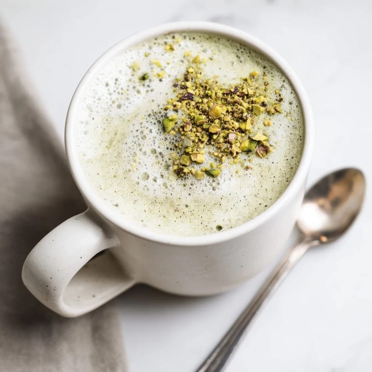 Homemade pistachio milk latte served warm, ideal for coffee lovers who enjoy nuts.  
