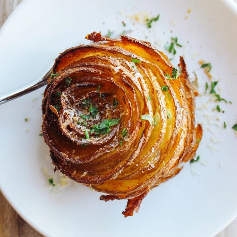 Golden, spiraled Air-Fryer Tornado Potatoes garnished with parsley and Parmesan cheese.  