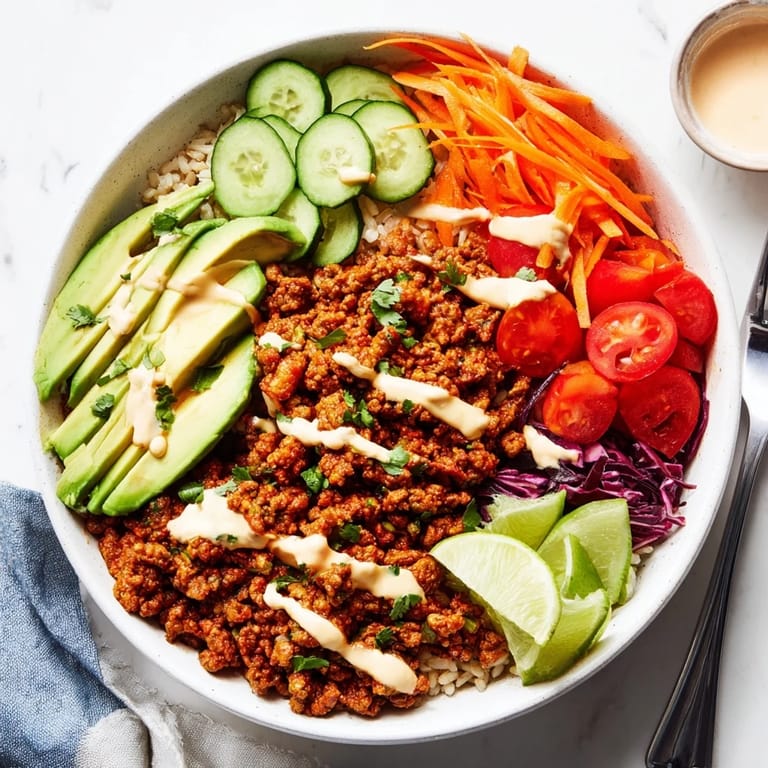 Savory Plant-Based Meat Bowl topped with creamy avocado and zesty lime wedges.  