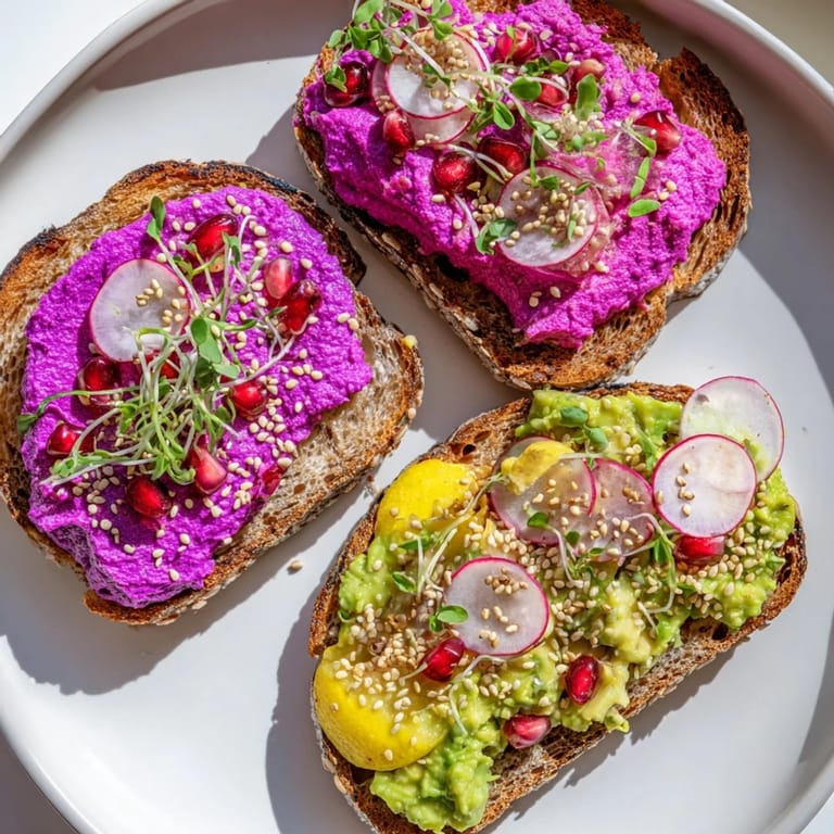 Lively breakfast toasts featuring creamy ube spread and fresh avocado garnished beautifully.  