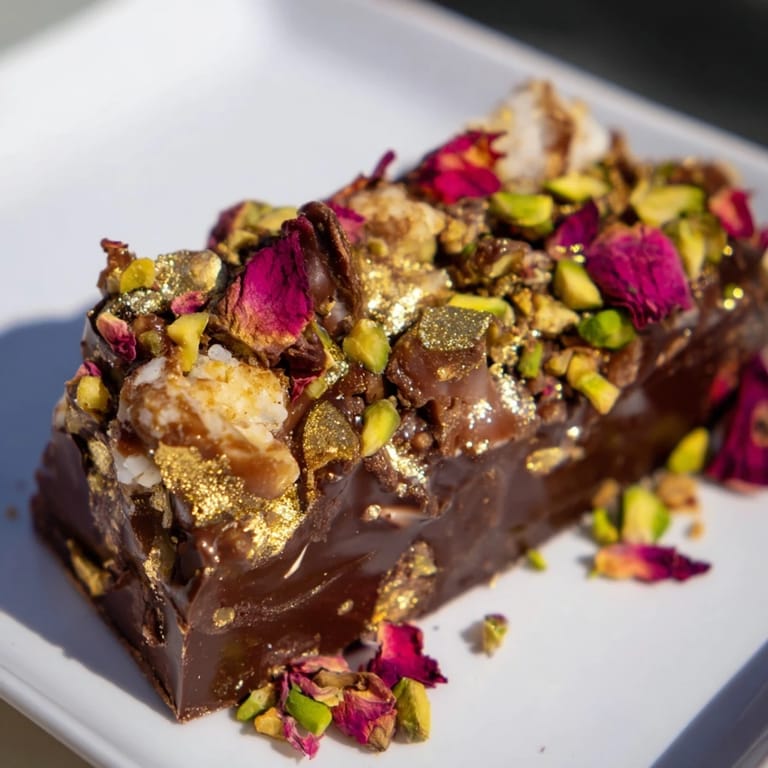 Luxurious chocolate layer desserts inspired by premium bars, enhanced with rose petals.  
