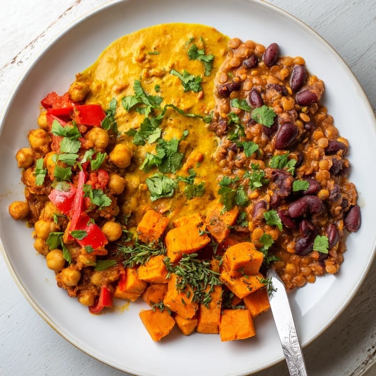 Thai Red Lentil Curry bubbling with colorful vegetables and rich coconut milk.  