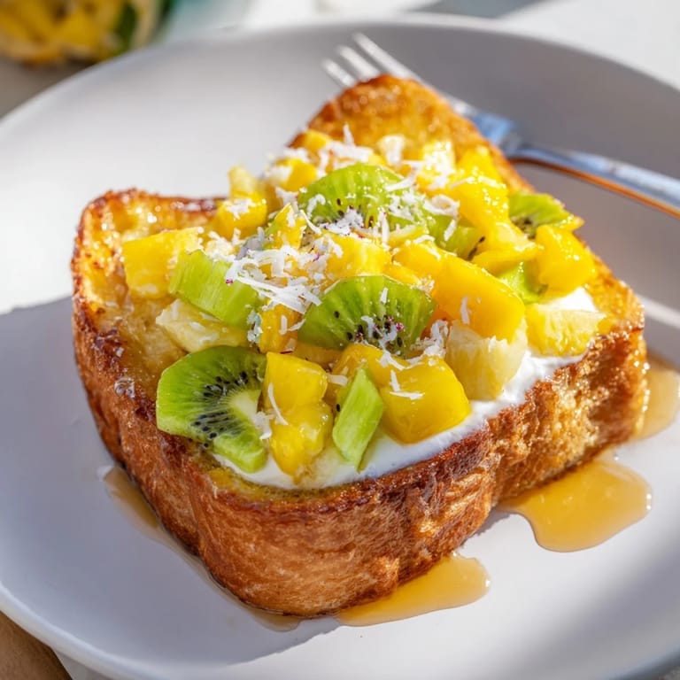 Vibrant yogurt-custard toast with sweet mango and kiwi, perfect for brunch gatherings.  
