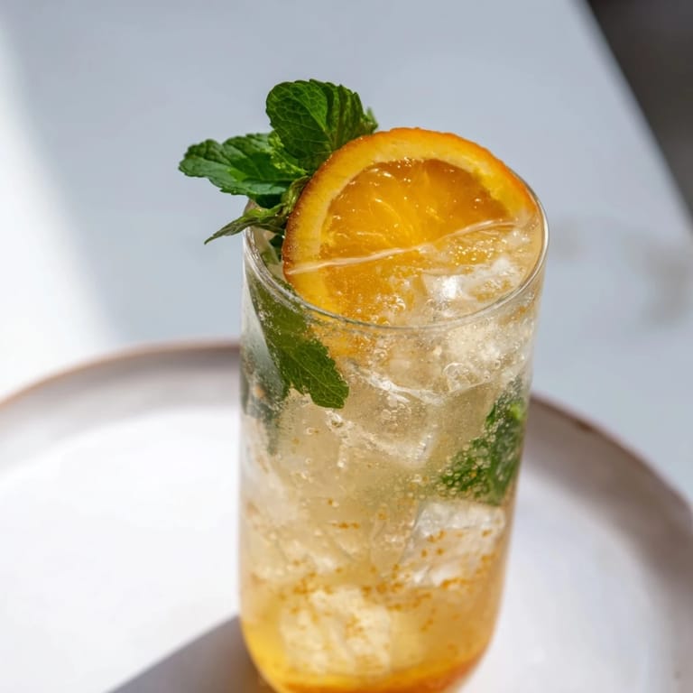 Homemade probiotic soda mocktail over ice, bursting with vibrant citrus flavors.