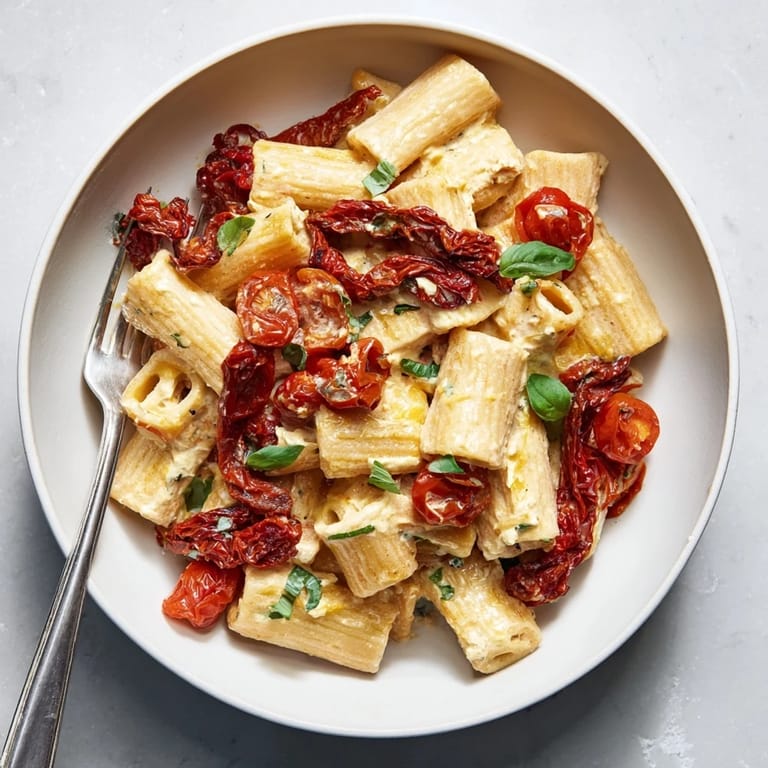 Warm baked feta pasta garnished with vibrant cherry tomatoes and herbs.