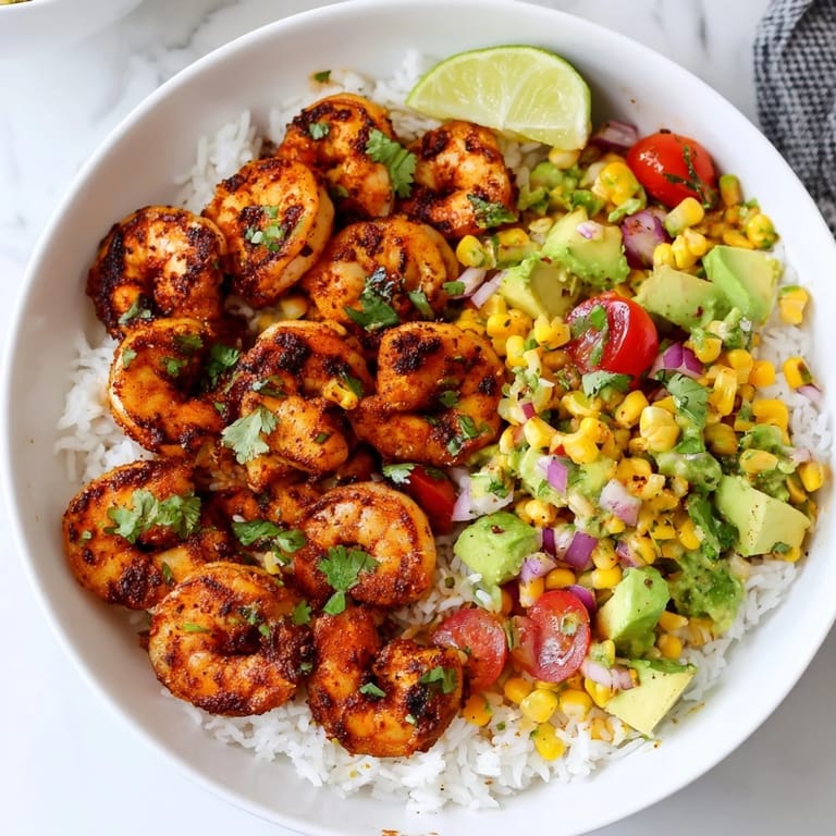 Vibrant blackened shrimp bowl topped with zesty avocado corn salsa and lime.  
