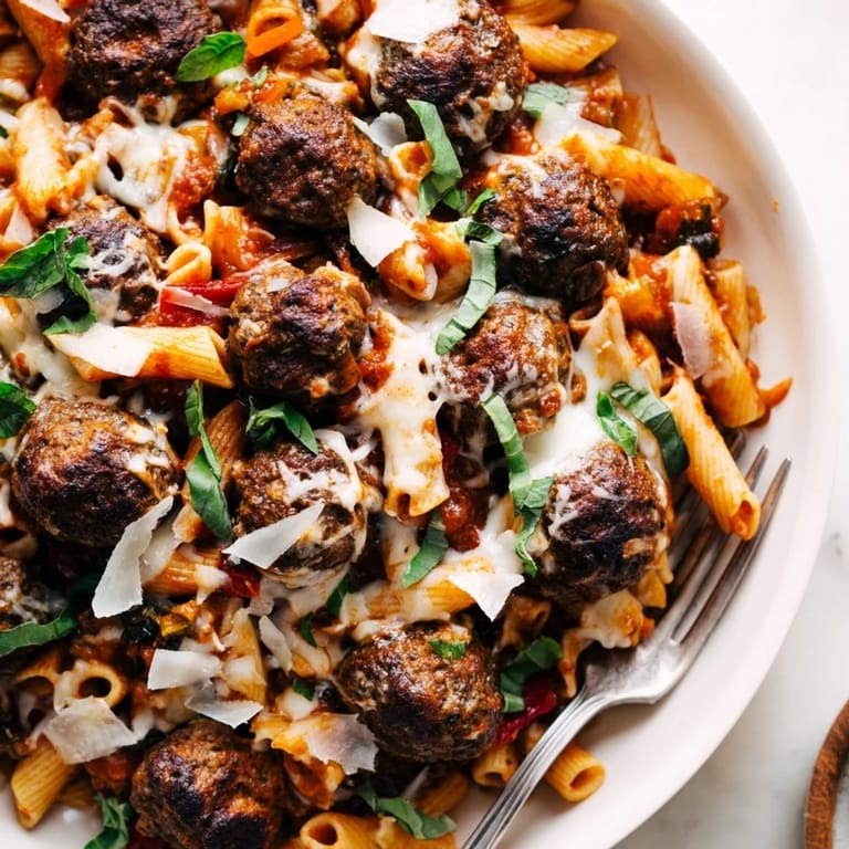Comforting Italian Meatball Pasta Skillet, a one-pan delight perfect for family gatherings.