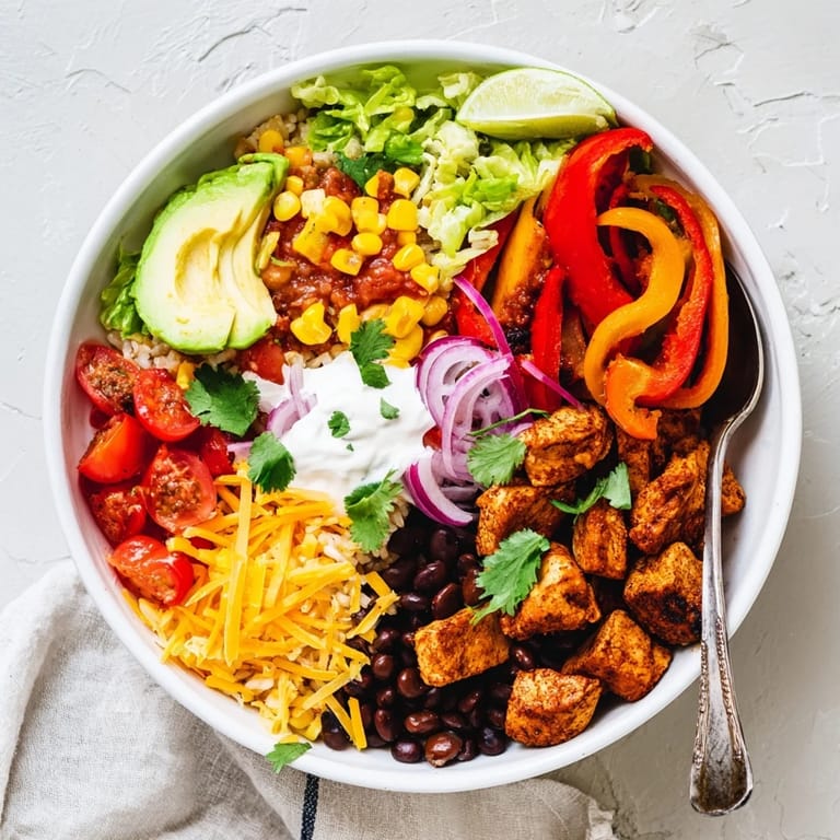 Heaping servings of colorful Sheet Pan Chicken Burrito Bowls served with warm tortillas.