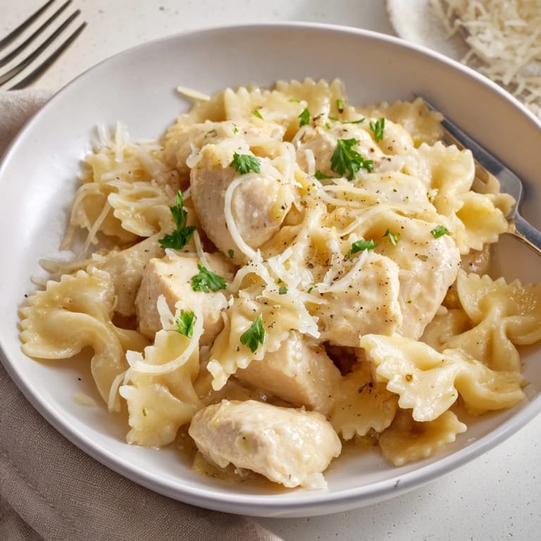 Deliciously creamy Mozzarella Garlic Butter Chicken Bowties topped with melted cheese, perfect for dinner.  