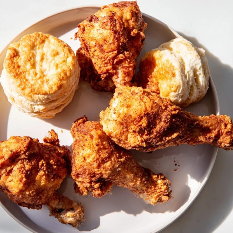 Juicy Southern fried chicken and buttery biscuits, a perfect meal for family gatherings.