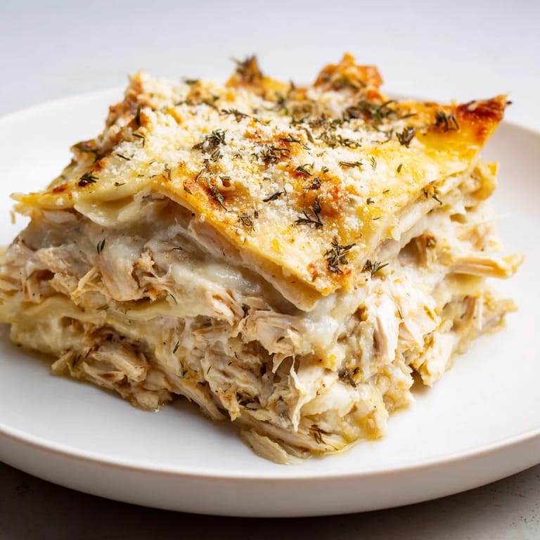 This homemade Rosemary Chicken Lasagna features layers of tender chicken and creamy béchamel, a real comfort food.