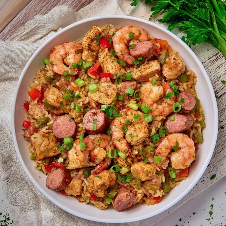 Vibrant photo of a flavorful Cajun Jambalaya Rice Bowl with tender rice and colorful vegetables.