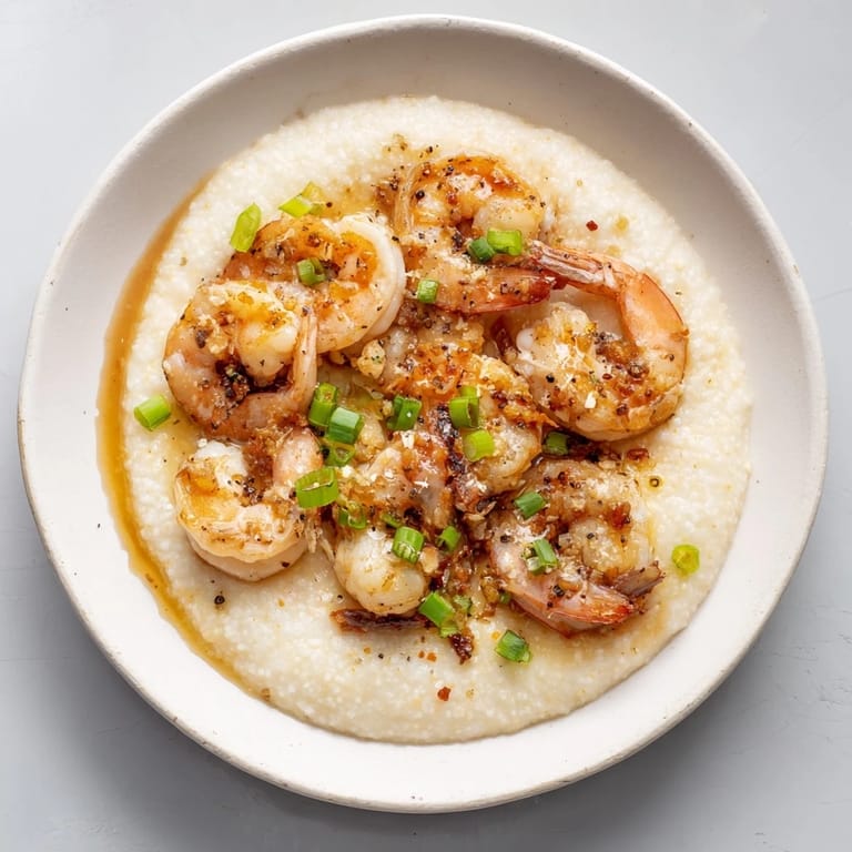 A close-up of steaming Shrimp & Grits: plump shrimp over rich grits, garnished with green scallions.