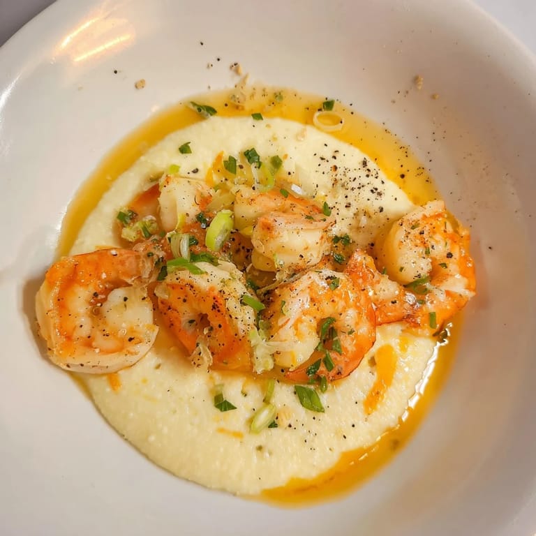 Savory Shrimp & Grits: perfectly cooked shrimp in a garlic butter sauce, ready to be devoured.