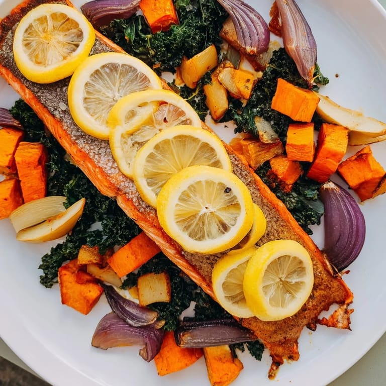 A delicious serving of sheet-pan salmon with caramelized root vegetables and wilted greens.