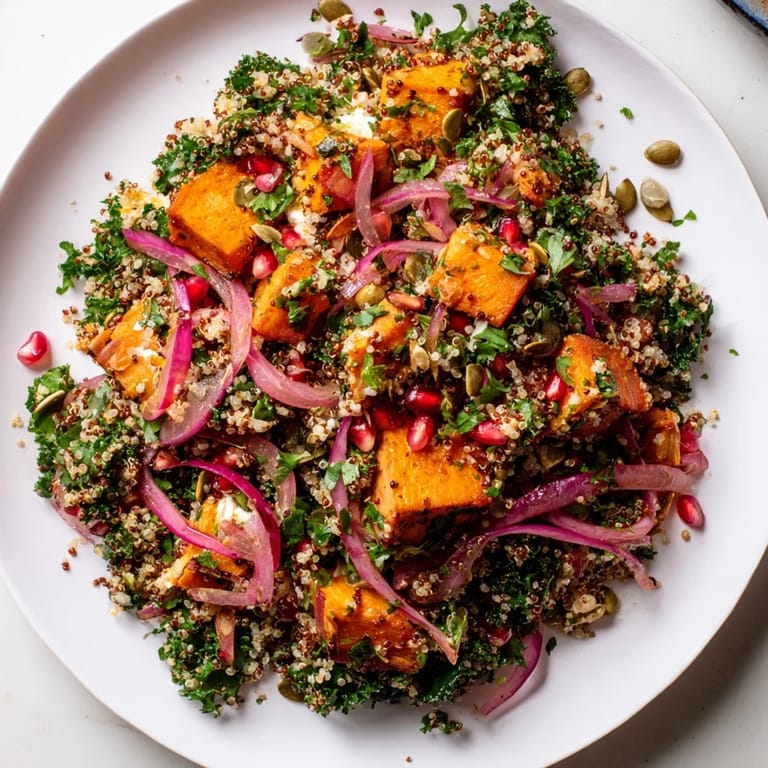 This colorful Kale & Quinoa Salad shows fluffy quinoa and vibrant roasted sweet potatoes, ready to serve!