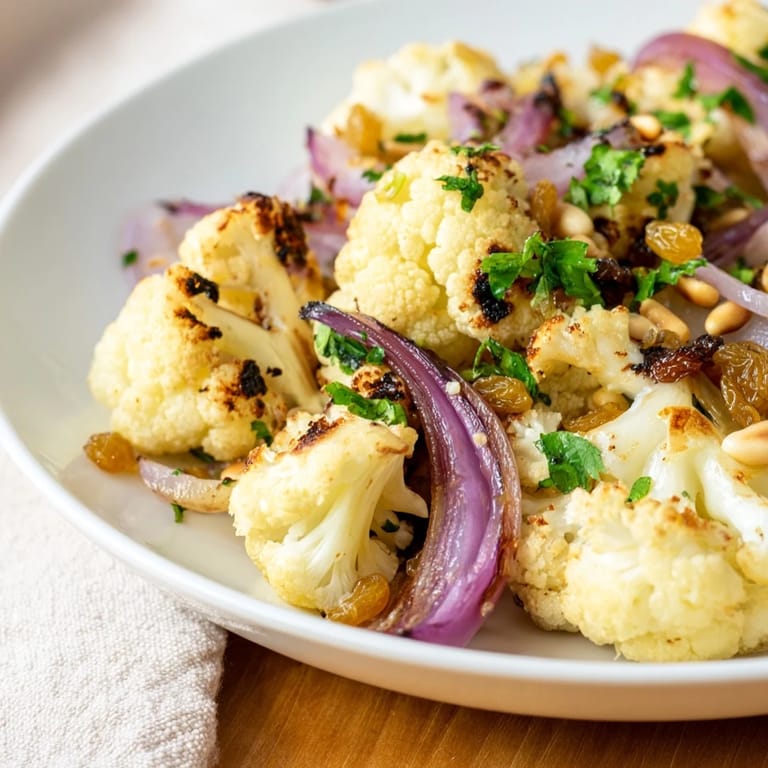 Golden roasted cauliflower florets tossed in a bright lemon pine-nut dressing, a delicious salad.
