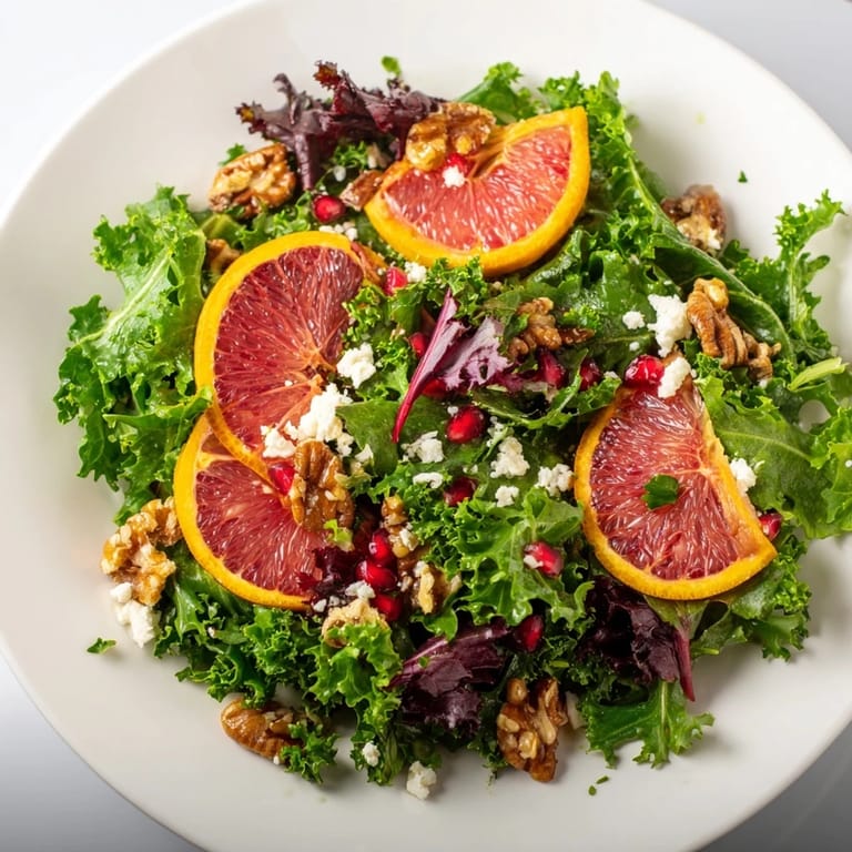 Fresh, colorful winter greens salad with juicy citrus and crunchy toasted nuts, a lovely meal.