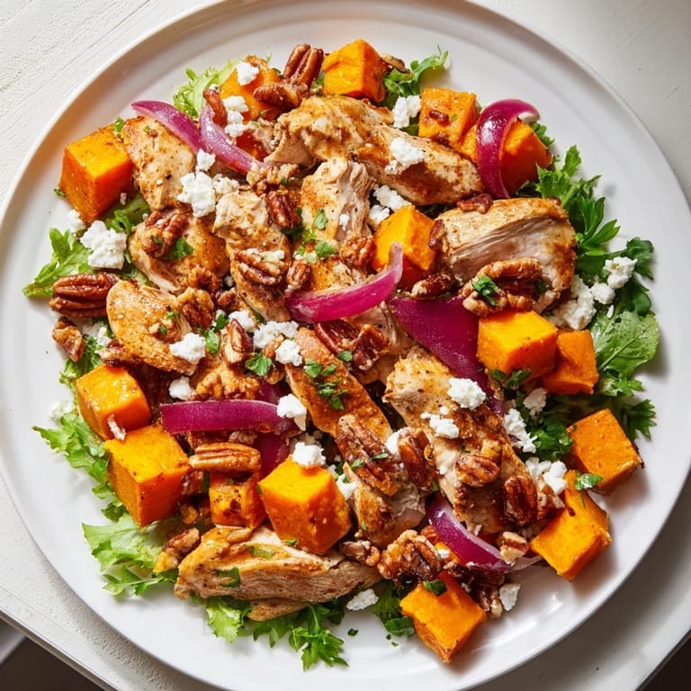 A close-up of a warm Roasted Chicken & Winter Squash sheet-pan salad, ready to be enjoyed.