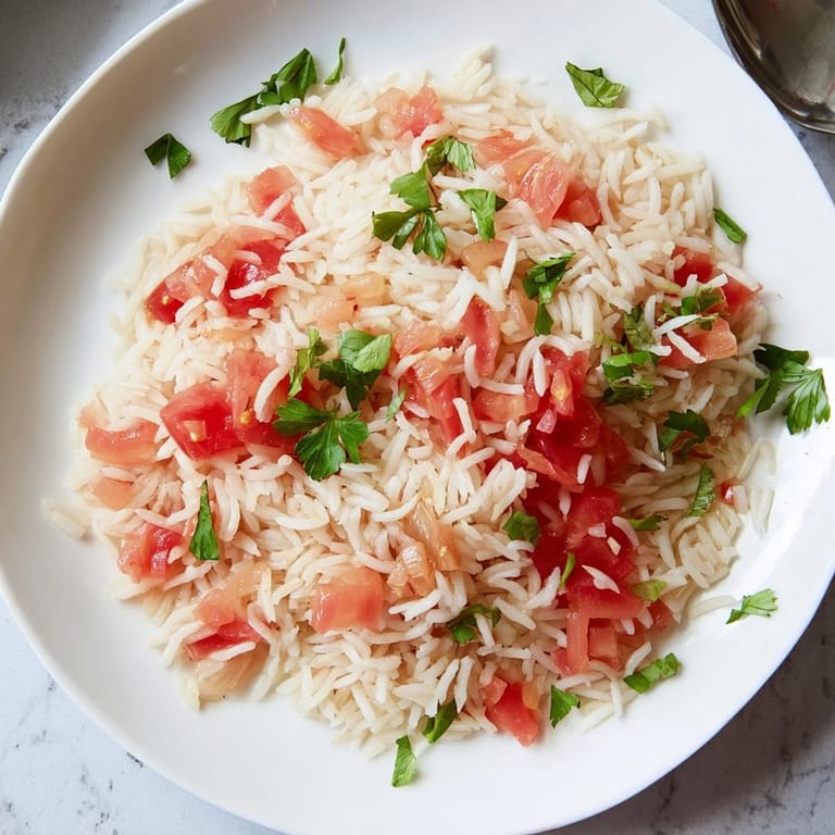Hearty Tomato-Rice Skillet Dinner with fluffy rice, tomatoes, and aromatic seasonings, ready to serve warm.