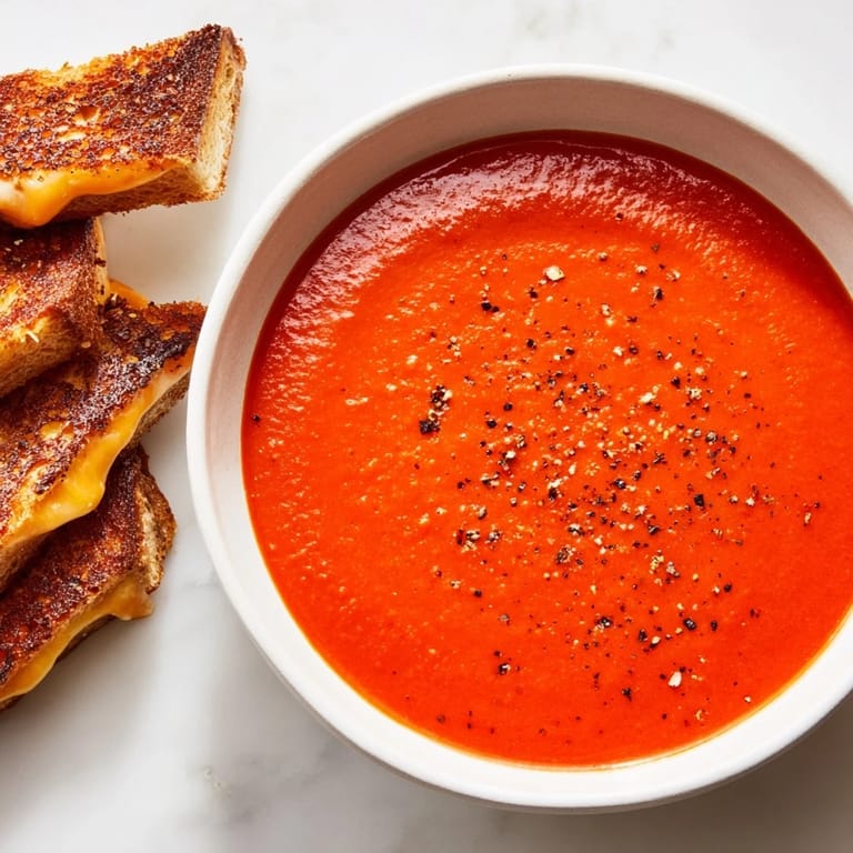 Enjoy a warm duo: a vibrant 5-Ingredient Tomato Soup paired with buttery, crispy grilled cheese for an easy lunch.