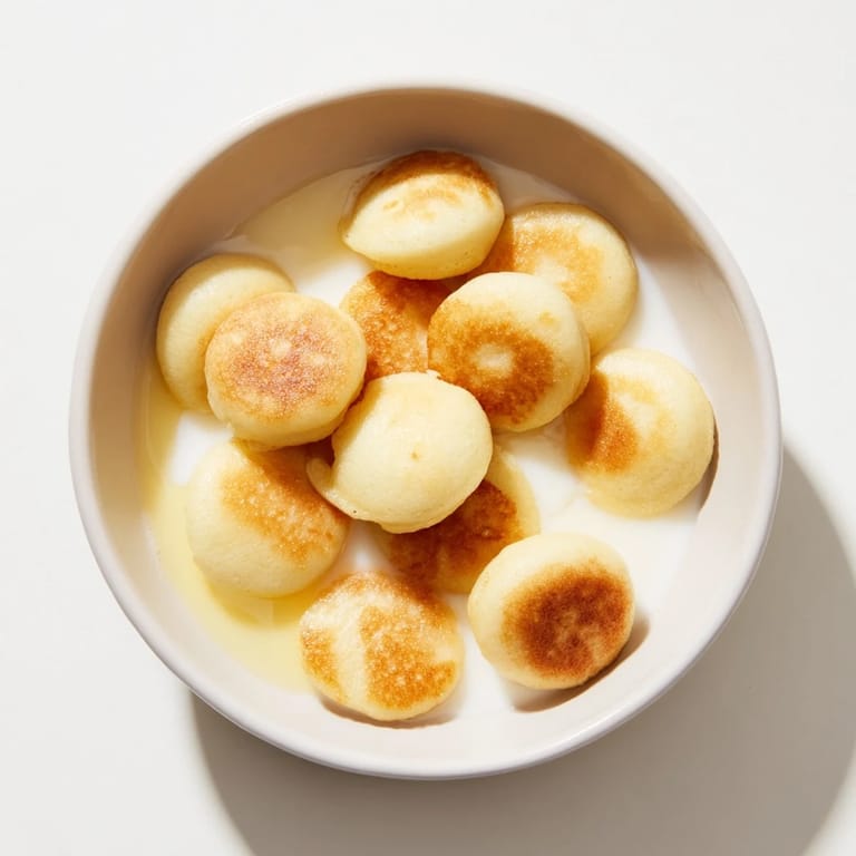 A bowl overflowing with tiny pancake cereal, ready to be enjoyed with fresh, juicy berries.